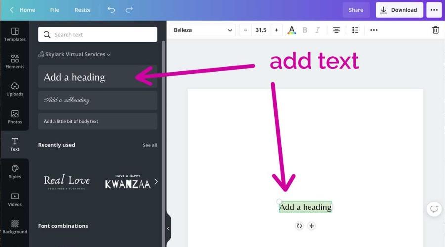 Select and add your text in canva