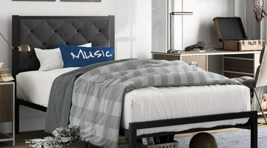 Amolife Twin Size Metal Bed Frame with Upholstered Headboard