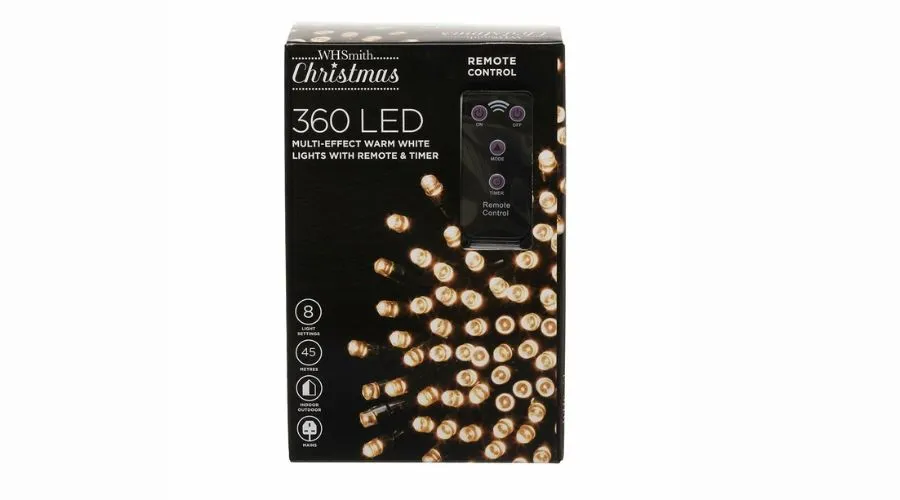 WHSmith 360 LED Multi-Effect Warm White Christmas Lights with Remote & Timer