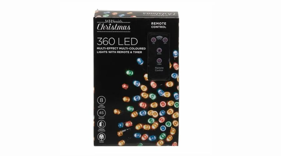 WHSmith 360 LED Multi-Effect Colourful Christmas Lights with Remote & Timer