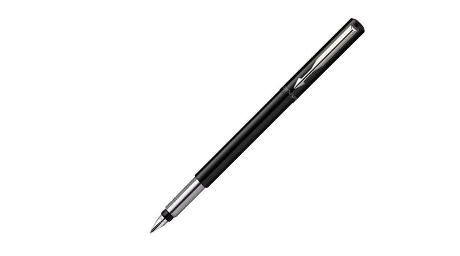 Parker Vector Fountain Pen, Black with Chrome Trim, Medium Nib, Blue Ink