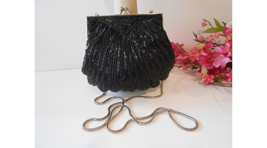 Vintage Black Bead Evening Bag, Glamorous Clamshell Design