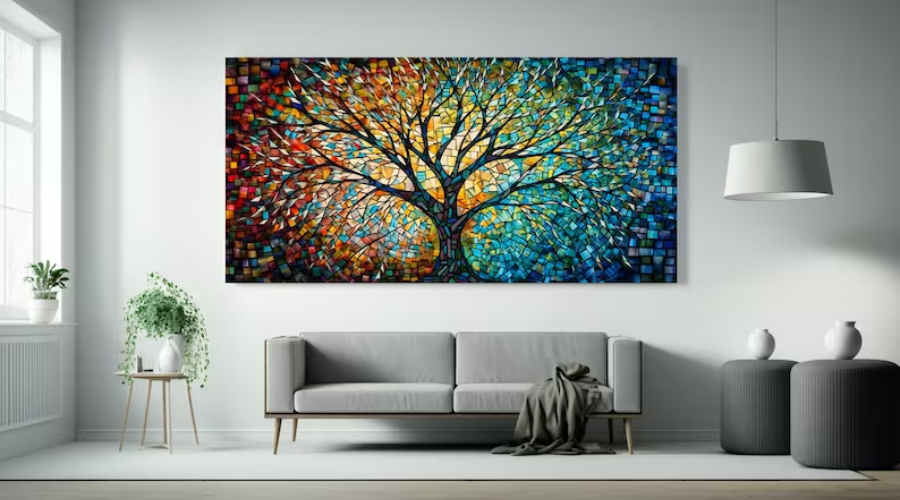 Yggdrasil colorful Mosaic Painting, Tree of Life Artwork, Stained Glass Canvas Print, Norse Mythology Art 