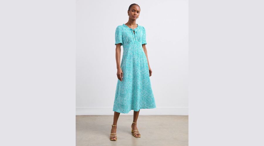 Floral tie-neck ruffle midi tea dress in blue hue | Savewithnerds