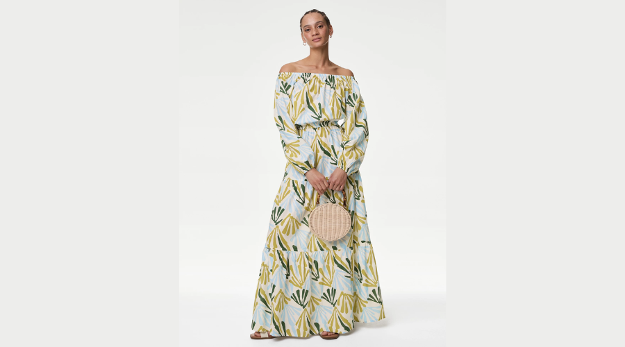 Pure Cotton Printed Bardot Midaxi Beach Plus size Dress | Savewithnerds