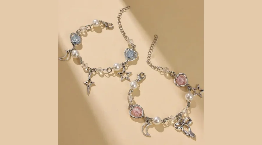 2 PCs Y2K Moon Star & Bowknot Charm Bracelet