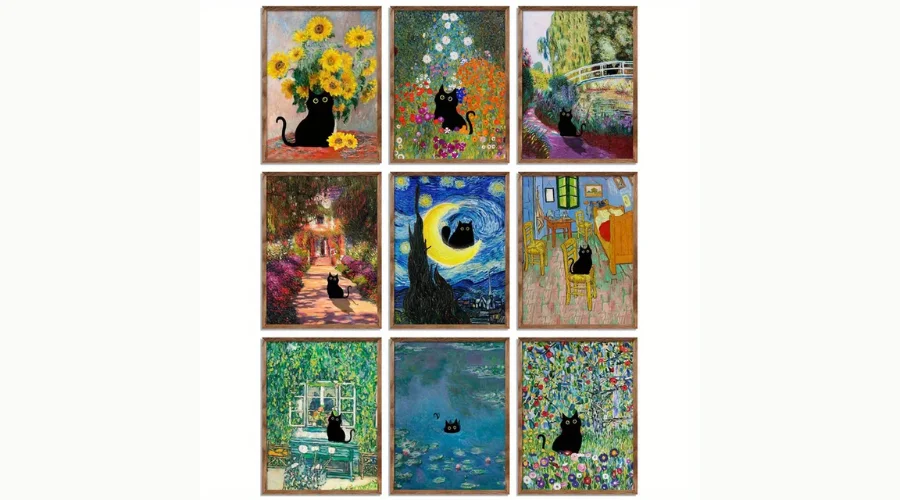 9pcs/set Monet Waterlily Cat Canvas Prints