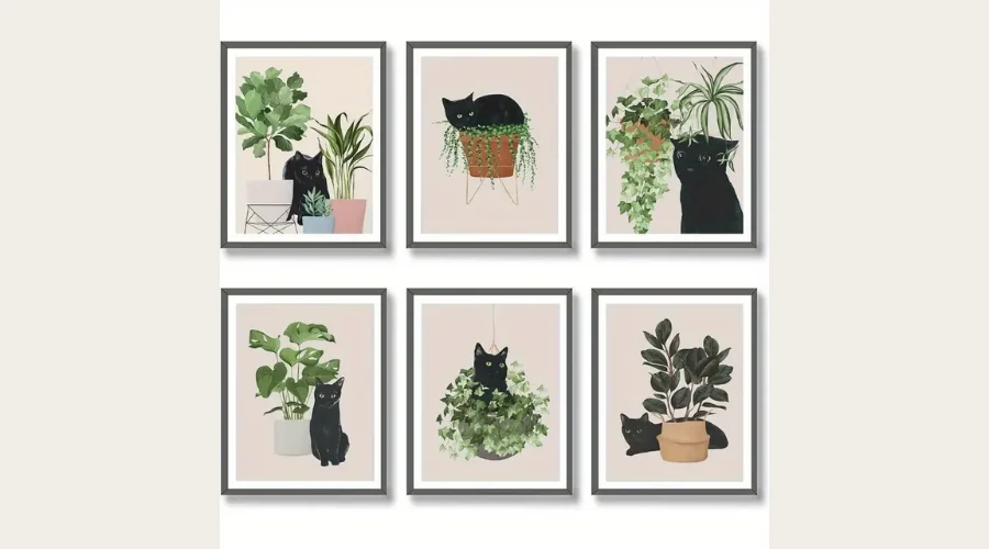 Wall Art Set 6-Piece Black Cat and Botanical