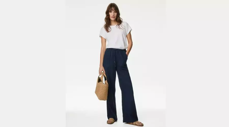 Linen Blend Wide Leg Trousers