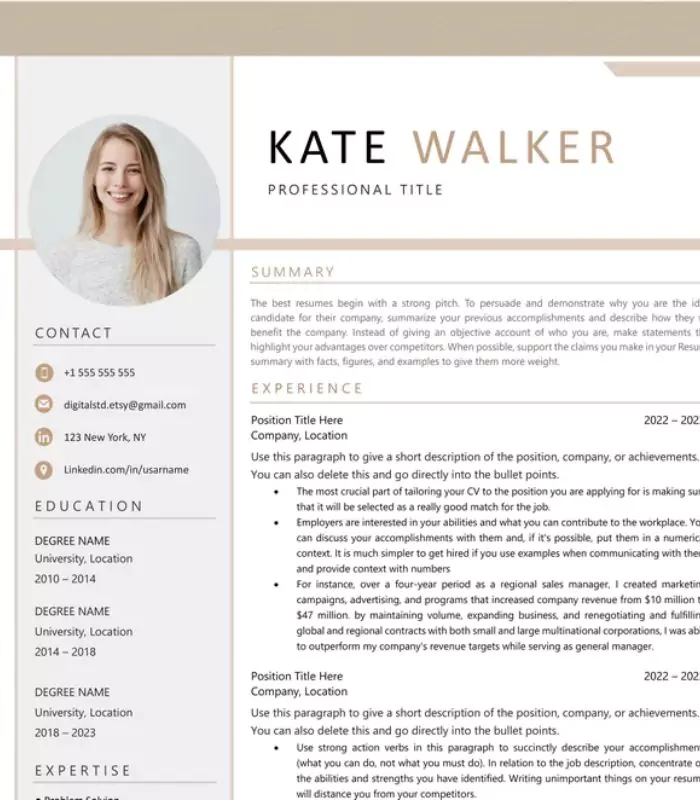 Professional Resume Template with Photo for Word & Pages