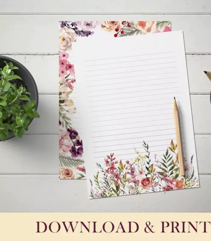 Printable Floral Stationery, 8 Floral Writing Papers, Digital Download PDF