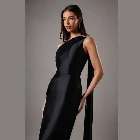 One Shoulder Twill Gown With Diamante Brooch (1)