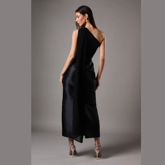 One Shoulder Twill Gown With Diamante Brooch (2)