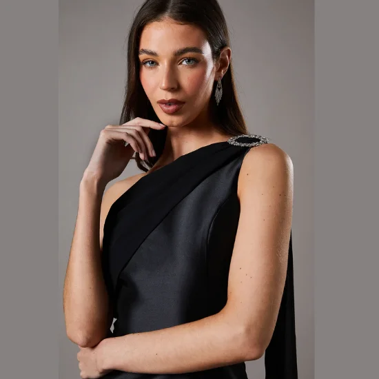 One Shoulder Twill Gown With Diamante Brooch (3)