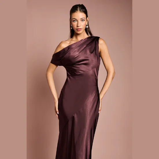 Satin Off One Shoulder Slinky Bridesmaids Fishtail Maxi Dress (1)