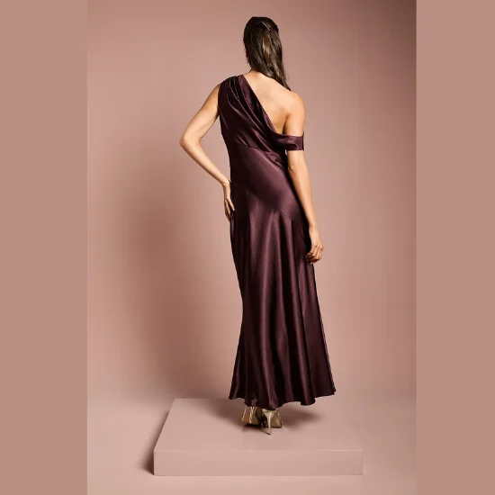 Satin Off One Shoulder Slinky Bridesmaids Fishtail Maxi Dress (3)