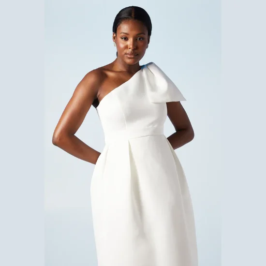 Statement Bow One Shoulder Bridal Midi Dress (1)