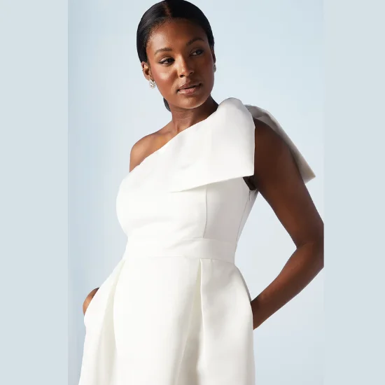 Statement Bow One Shoulder Bridal Midi Dress (3)